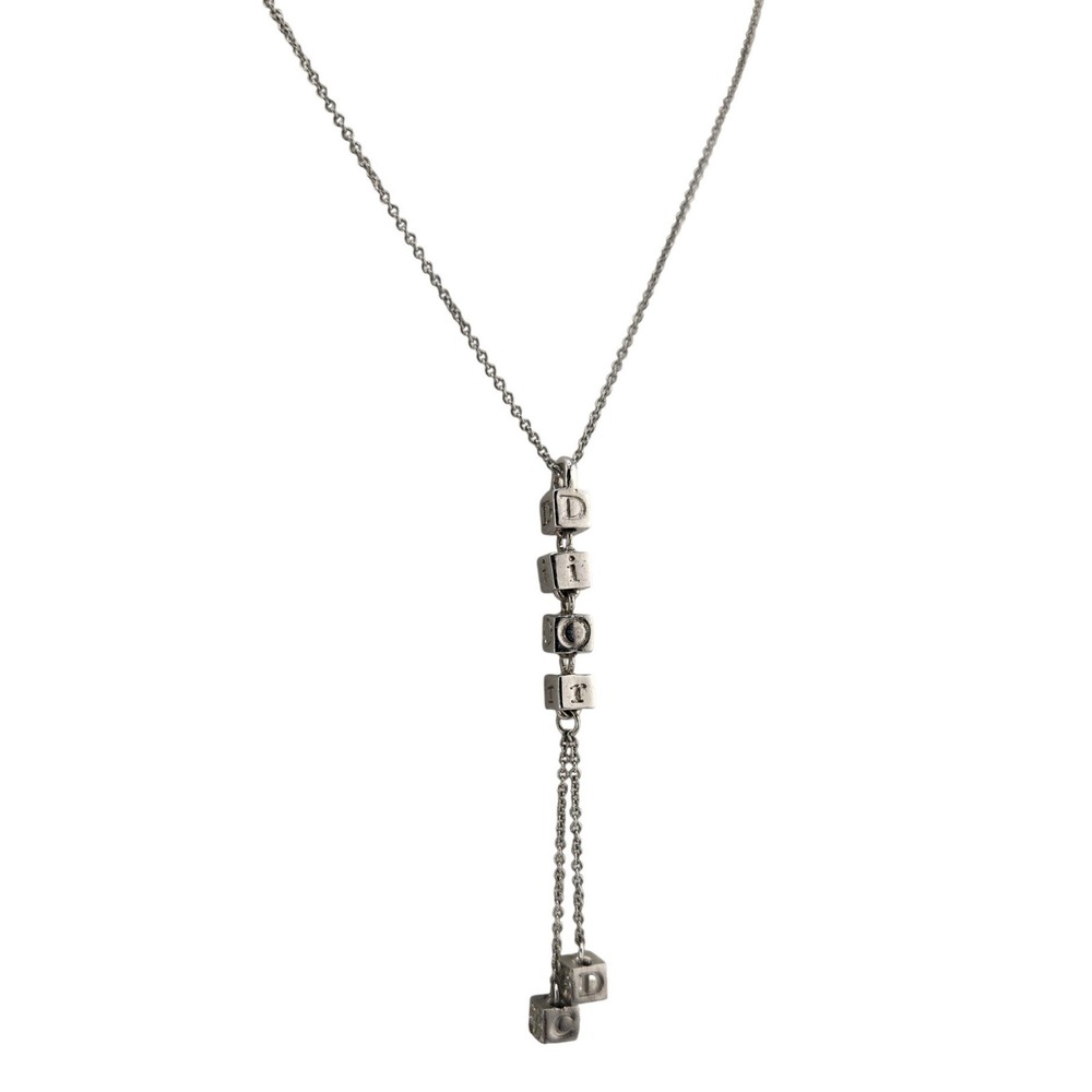 Christian Dior Vintage Silver Tone Dice Logo Lariat Tassel Necklace Y2K CD Cube